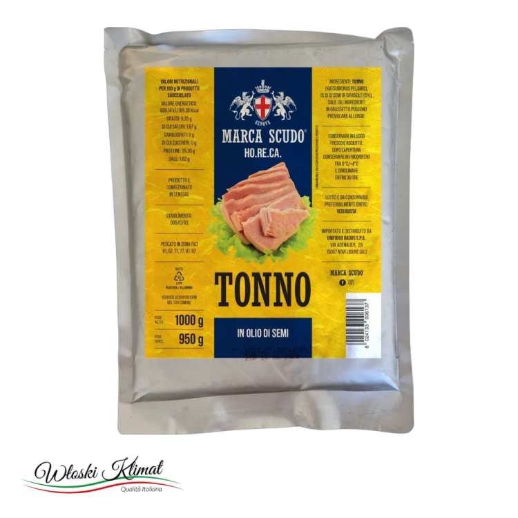 Tuńczyk w kawałkach 5% oleju w worku Tonno MARCA SCUDO 1kg - widok z przodu / opakowanie