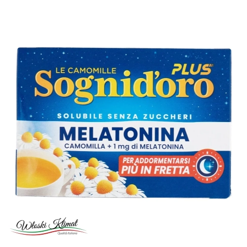 Rumianek z dodatkiem Melatoniny na sen rozpuszczalny Le Camomille Plus Sognidoro 64g - widok z przodu / opakowanie