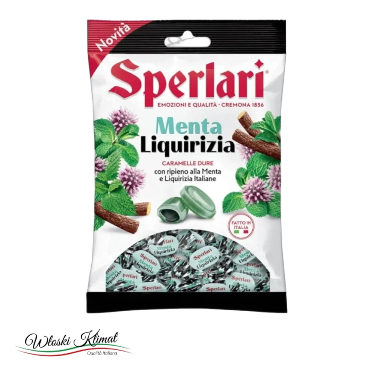 Cukierki nadziewane o smaku Mięty i Lukrecjii Menta Liquirizia Sperlari 150g - widok z przodu / opakowanie
