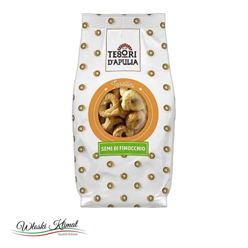 Precelki z nasionami kopru włoskiego Tarallini Semi di Finocchio TESORI D'APULIA 200g - widok z przodu / opakowanie