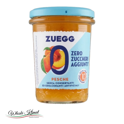Włoska Konfitura brzoskwiniowa BEZ cukru Pesche ZUEGG 220g - widok z przodu / opakowanie