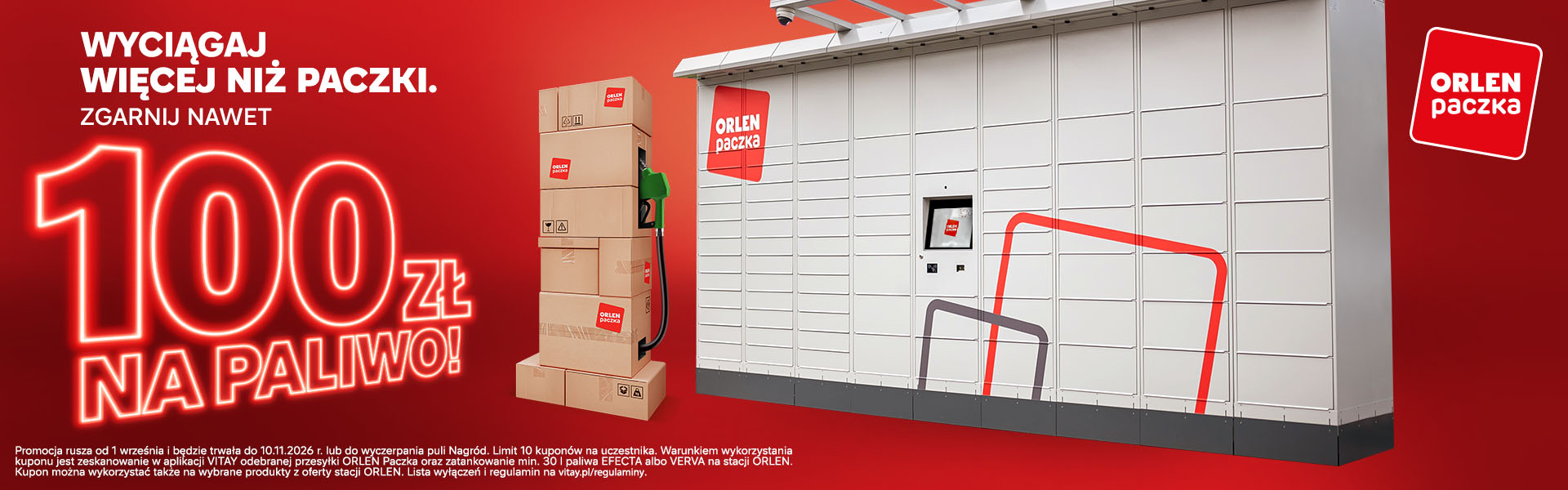 Orlen paczka baner promocyjny "100zł na paliwach" z paczkomatem w tle.